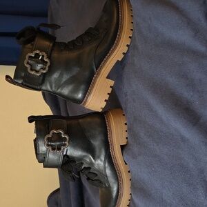 Black Leather Ankle Boots with Brown Soles